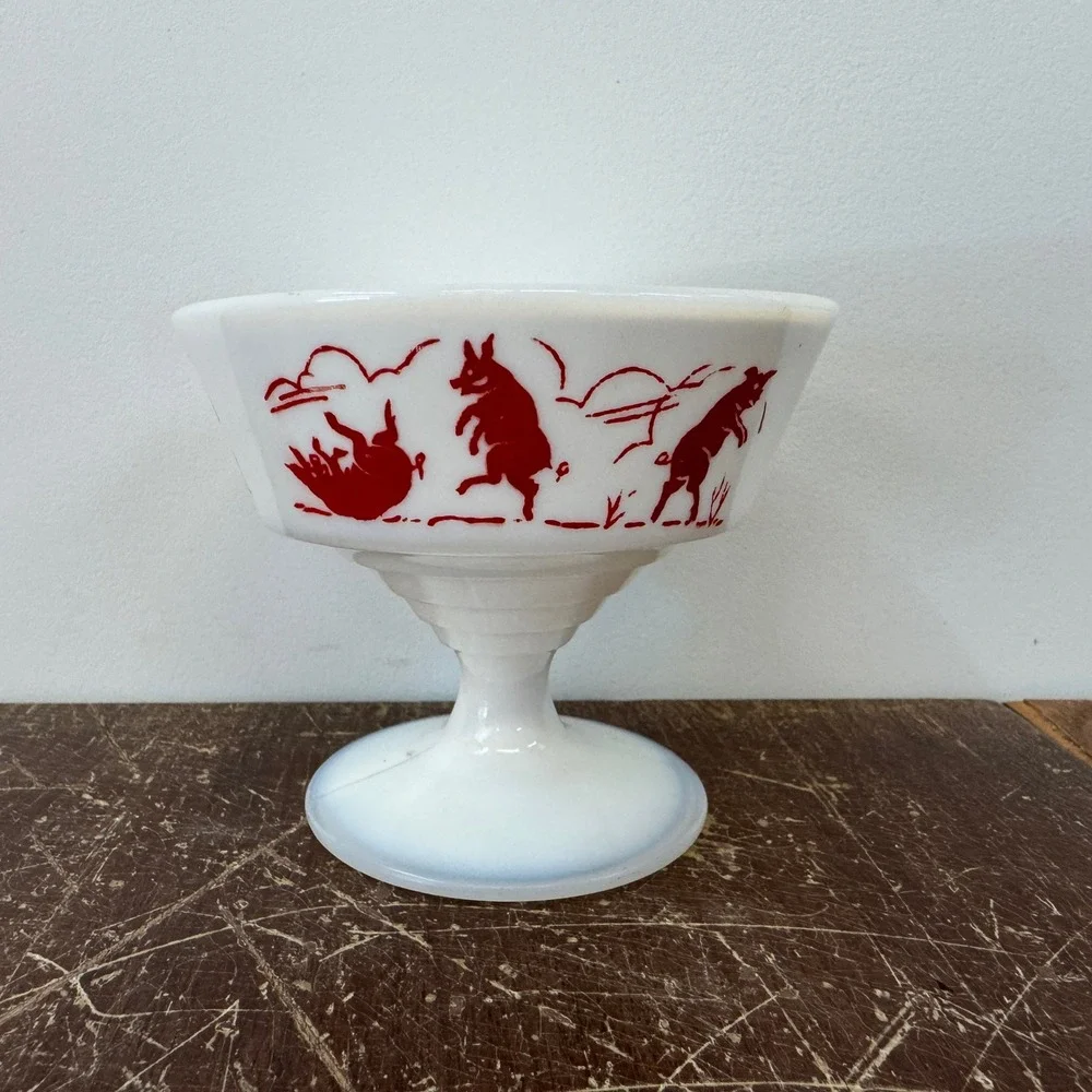 Hazel Atlas Milk Glass Dancing Pigs Footed Dessert Bowl Red Ring of Fire